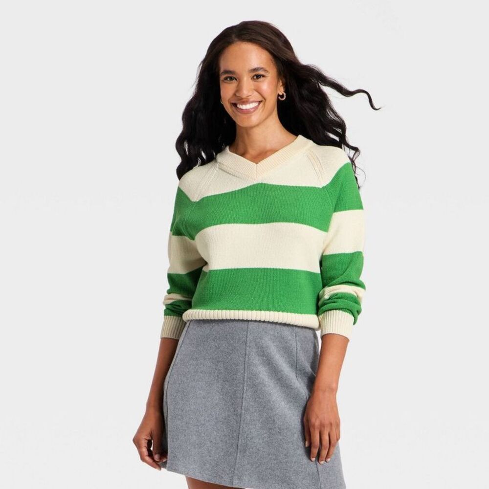 Women's Long Sleeve High V-Neck Pullover Sweater - A New Day Green S